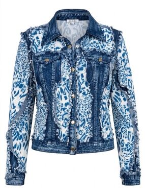 Adore blue Animal Print Denim Jacket with jean panels and Frayed trim -size M 🌟